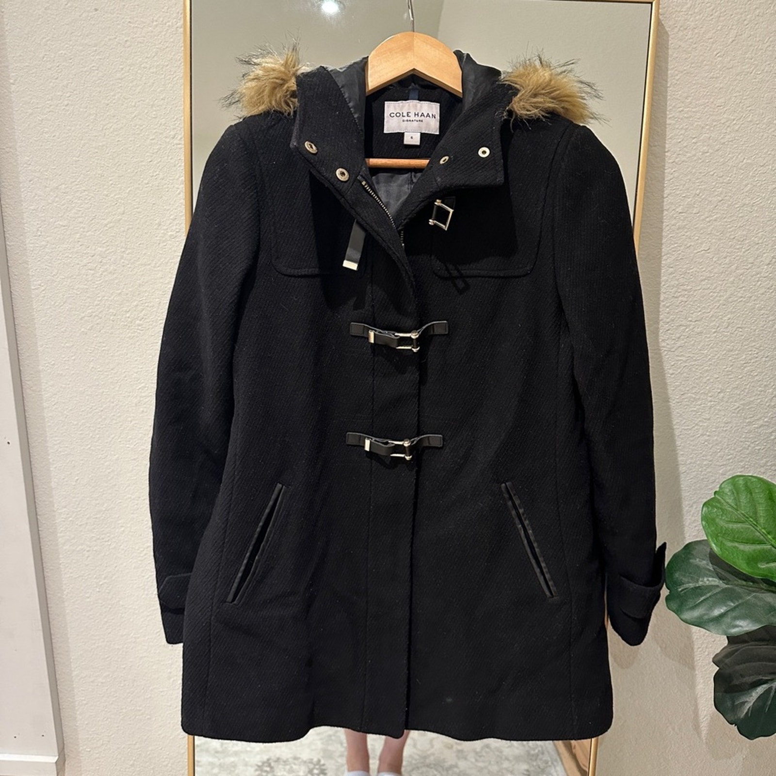 Cole Haan Coat Black 6 Wool Blend Faux Fur Trim Jacket Hooded